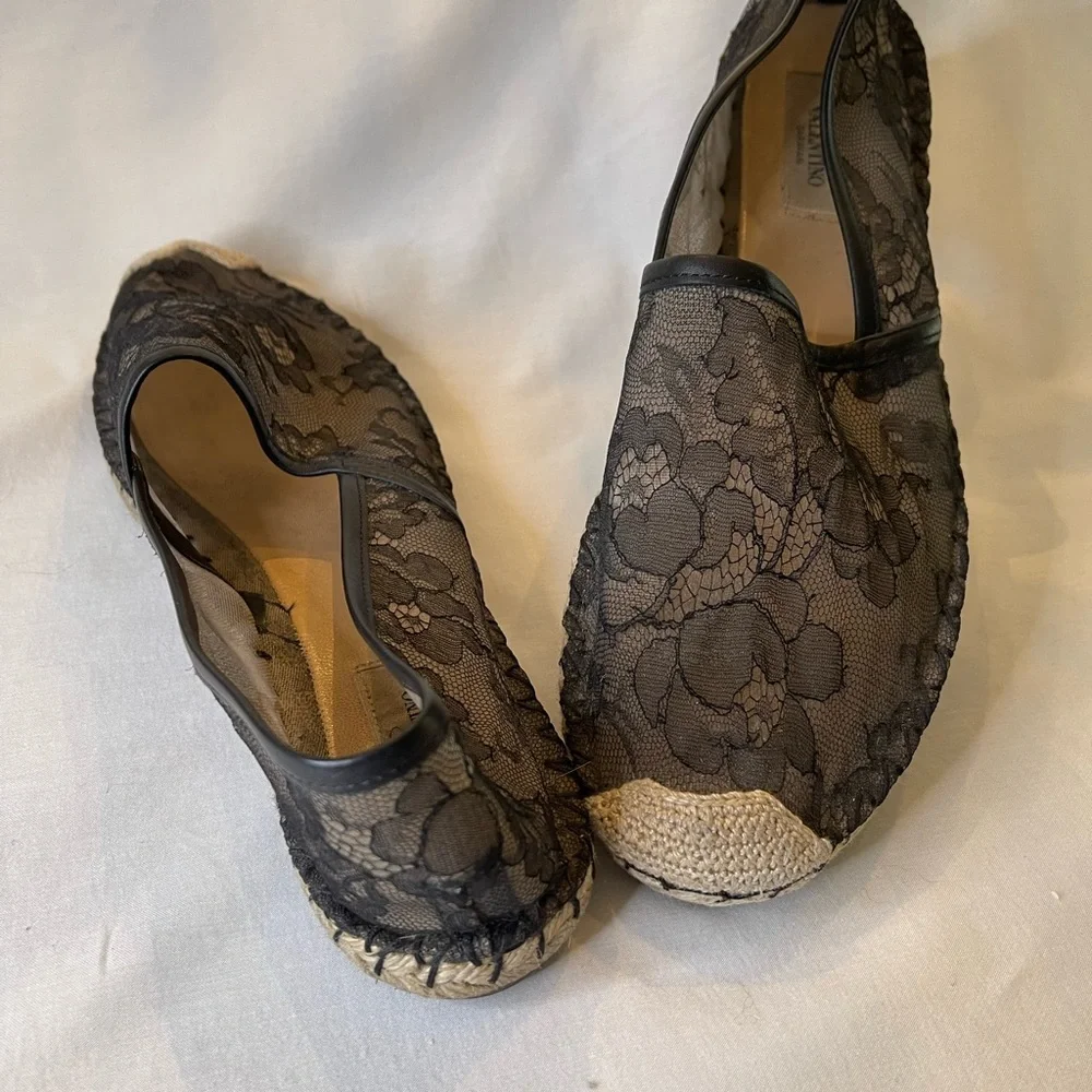 Valentino Garvani Lace Pattern Leather Trim Embellishment Espadrilles - Picture 3 of 8